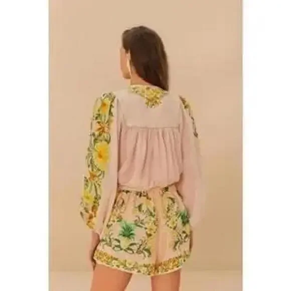 Farm Rio Pink Botanical Beauty Lenzing Ecovero Euroflax Shorts Size L Green - Picture 2 of 3